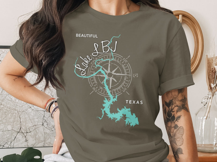 T-shirt with Lake LBJ Texas compass graphic and text.