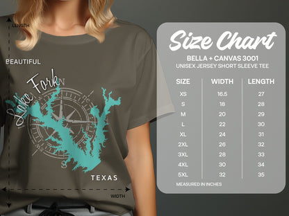 T-shirt size chart for Bella + Canvas 3001 unisex jersey short sleeve tee.