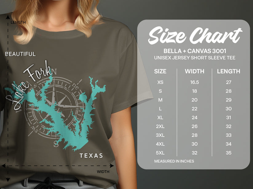 T-shirt size chart for Bella + Canvas 3001 unisex jersey short sleeve tee.