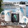 White mug, black tumbler, and white water bottle featuring Lake Winnipeg design on wood.