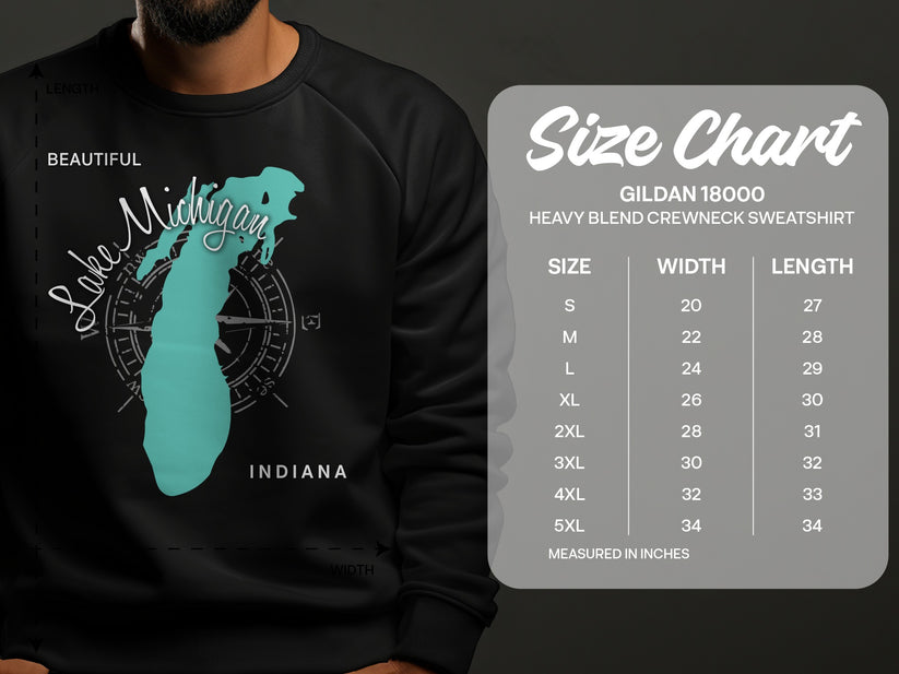 Gildan 18000 sweatshirt size chart for Lake Michigan graphic.