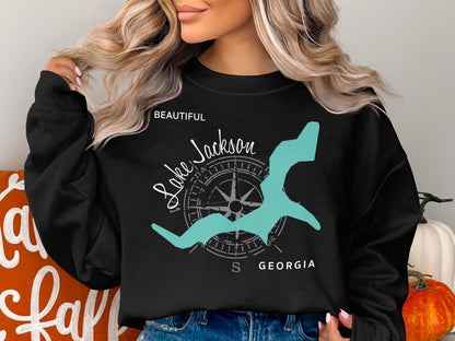 Black sweatshirt with "Beautiful Lake Jackson Georgia" and compass rose map.