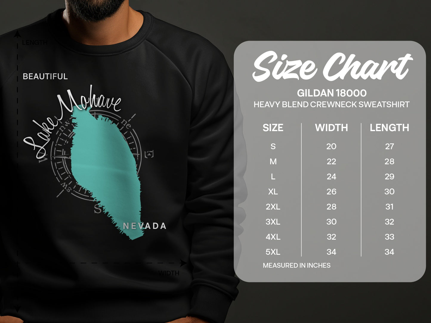Mohave graphic sweatshirt with size chart for Gildan 18000 sweatshirt.