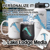 Mug, tumbler, and water bottle with personalized Hudson Lake graphics.