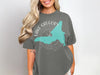 Gray t-shirt with teal outline of Lake Gregory, California and compass graphic.