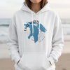 White hoodie with blue Lake Huron outline and compass graphic.