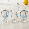 Three glasses with blue Lake Thunderbird map and compass designs.