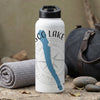 White water bottle with blue O-sco Lake outline and compass design.