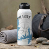 White water bottle with blue lake map, compass graphic, and "NA LAKE" text.