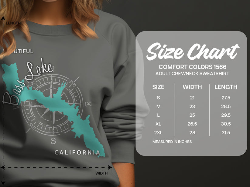 Size chart for Comfort Colors 1566 adult crewneck sweatshirt.