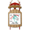 Red sled ornament with "Merry Christmas FROM Lake Blue" text and snowflake designs.