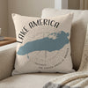 Pillow with a blue map of Lake Michigan and "Lake America The United States of America" text.