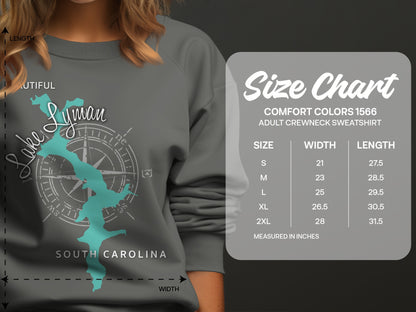 Lake Lyman South Carolina sweatshirt graphic with size chart.