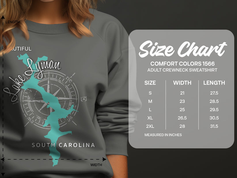 Lake Lyman South Carolina sweatshirt graphic with size chart.