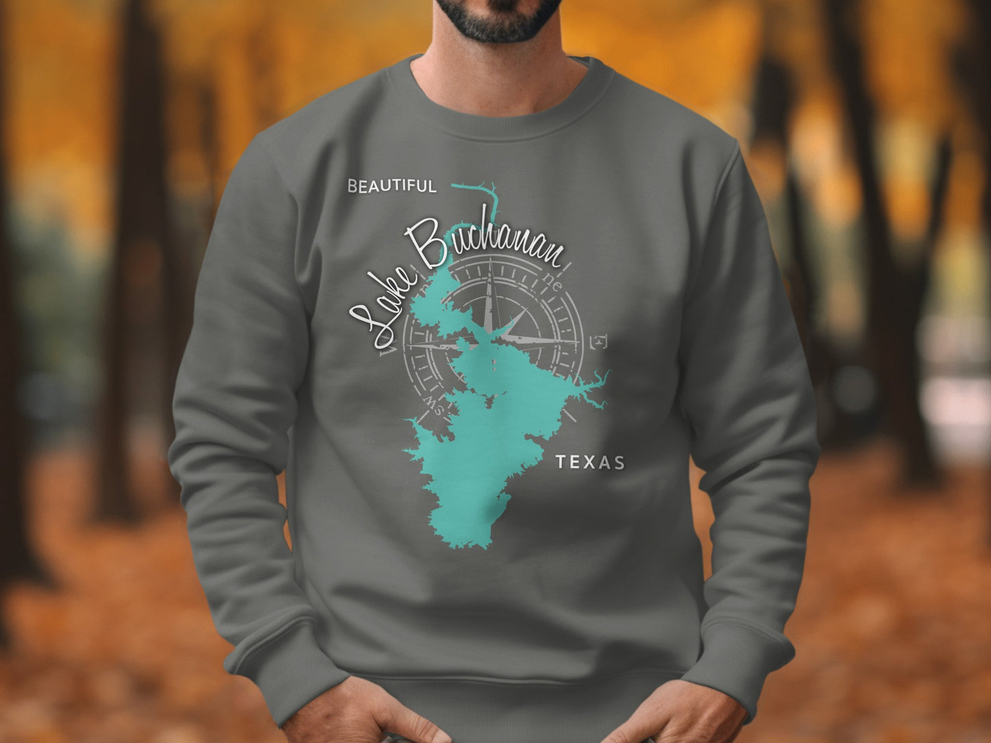 Gray sweatshirt with teal Lake Buchanan, Texas map and compass graphic.