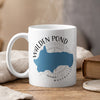 White mug with "Walden Pond Massachusetts" text and blue map outline.