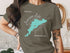 T-shirt with turquoise American Lake map and compass design.