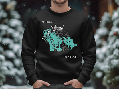 Black sweatshirt with teal map graphic of Marco Island, Florida.