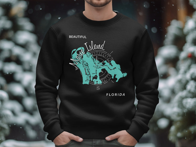 Black sweatshirt with teal map graphic of Marco Island, Florida.