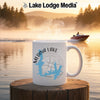 White mug with Medina Lake, Texas map and compass design on a lake background.