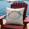Pillow with Lake Springfield Missouri map and compass graphic on Adirondack chair.