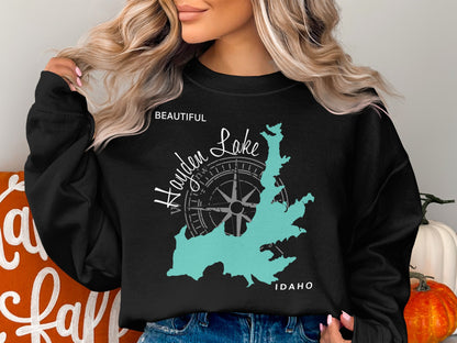 Black sweatshirt with "Beautiful Hayden Lake Idaho" compass design.