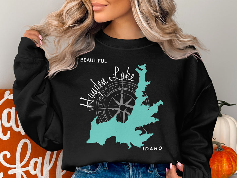 Black sweatshirt with "Beautiful Hayden Lake Idaho" compass design.