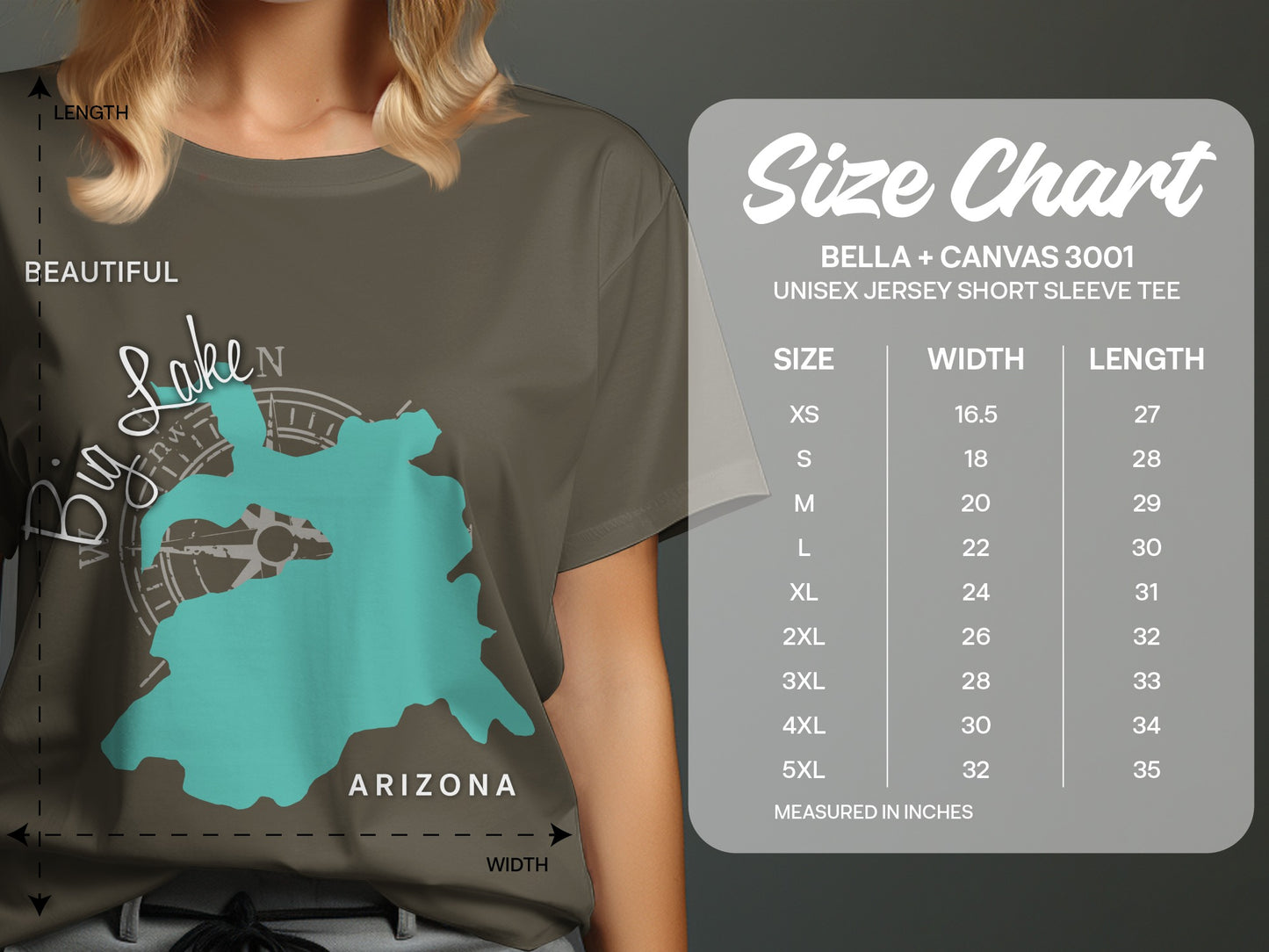 T-shirt size chart with "Big Lake Arizona" graphic and Bella + Canvas 3001 sizing.