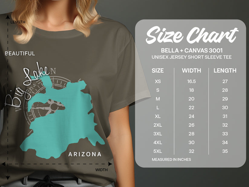 T-shirt size chart with "Big Lake Arizona" graphic and Bella + Canvas 3001 sizing.