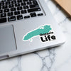 Teal Ontario shape sticker with black text 'Ontario Life' on a laptop