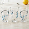 Three clear glasses featuring blue lake maps and compass designs, with "Summerville Lake" text.