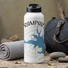 White water bottle with "RAMPART" text and blue lake design on a rustic outdoor surface.