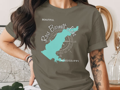 Turquoise outline map of Ross Barnett Lake with compass rose on t-shirt.