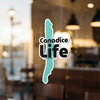 Canadice Life sticker with a teal lake outline on a window.