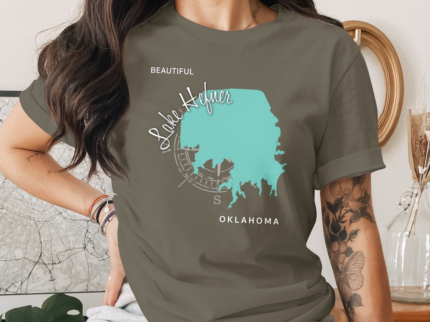 T-shirt with Lake Hefner, Oklahoma map graphic and compass rose.