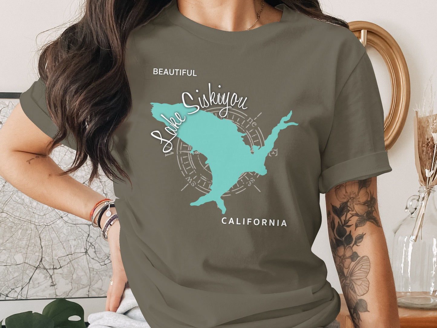 Olive t-shirt with teal map of Lake Siskiyou, California, and compass rose.
