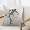 Throw pillow with Lake Jacomo Missouri map and compass design.