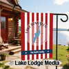 Garden flag with red and white stripes, Lake Bomoseen map, and "The Smith Family" text.