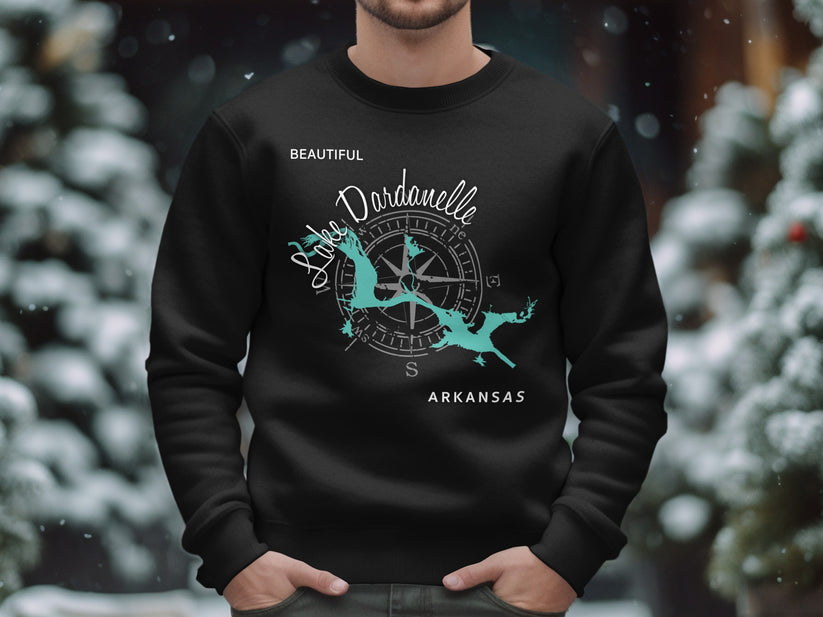 Black sweatshirt with "Beautiful Lake Dardanelle Arkansas" and a compass rose graphic.