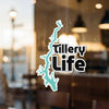 teal lake outline sticker with "Tillery Life" text in black