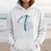 White hoodie with a compass graphic featuring a blue lake shape and text "CONESUS LAKE NEW YORK".