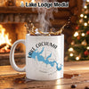 White mug with Lake Cachuma, California map, and compass graphic.