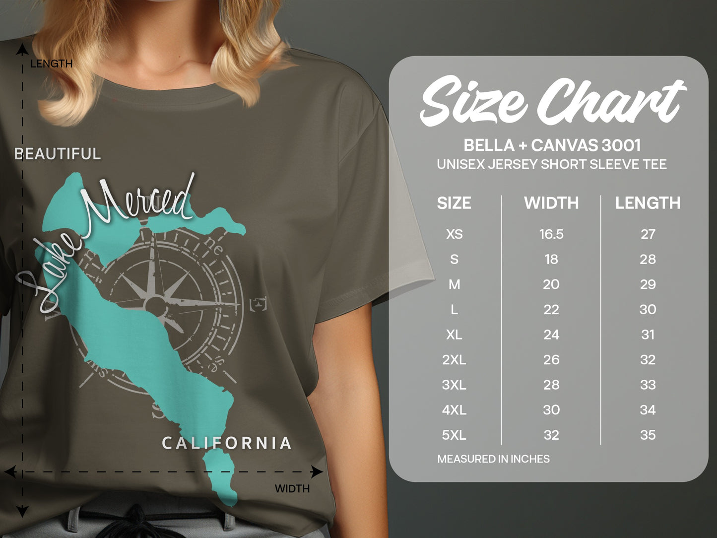 Merced California map graphic on a brown t-shirt with size chart.