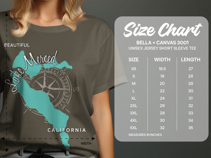 Merced California map graphic on a brown t-shirt with size chart.