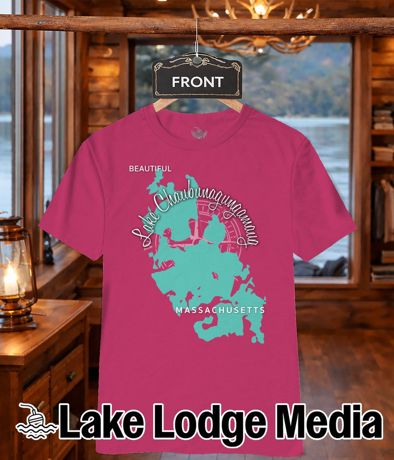 Pink t-shirt with a turquoise map of Massachusetts and "Lake Chaubunagungam" text.