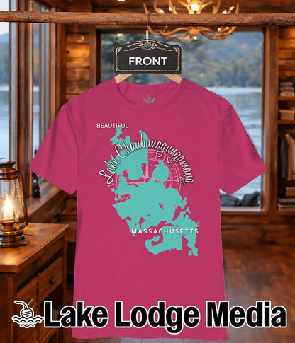 Pink t-shirt with a turquoise map of Massachusetts and "Lake Chaubunagungam" text.