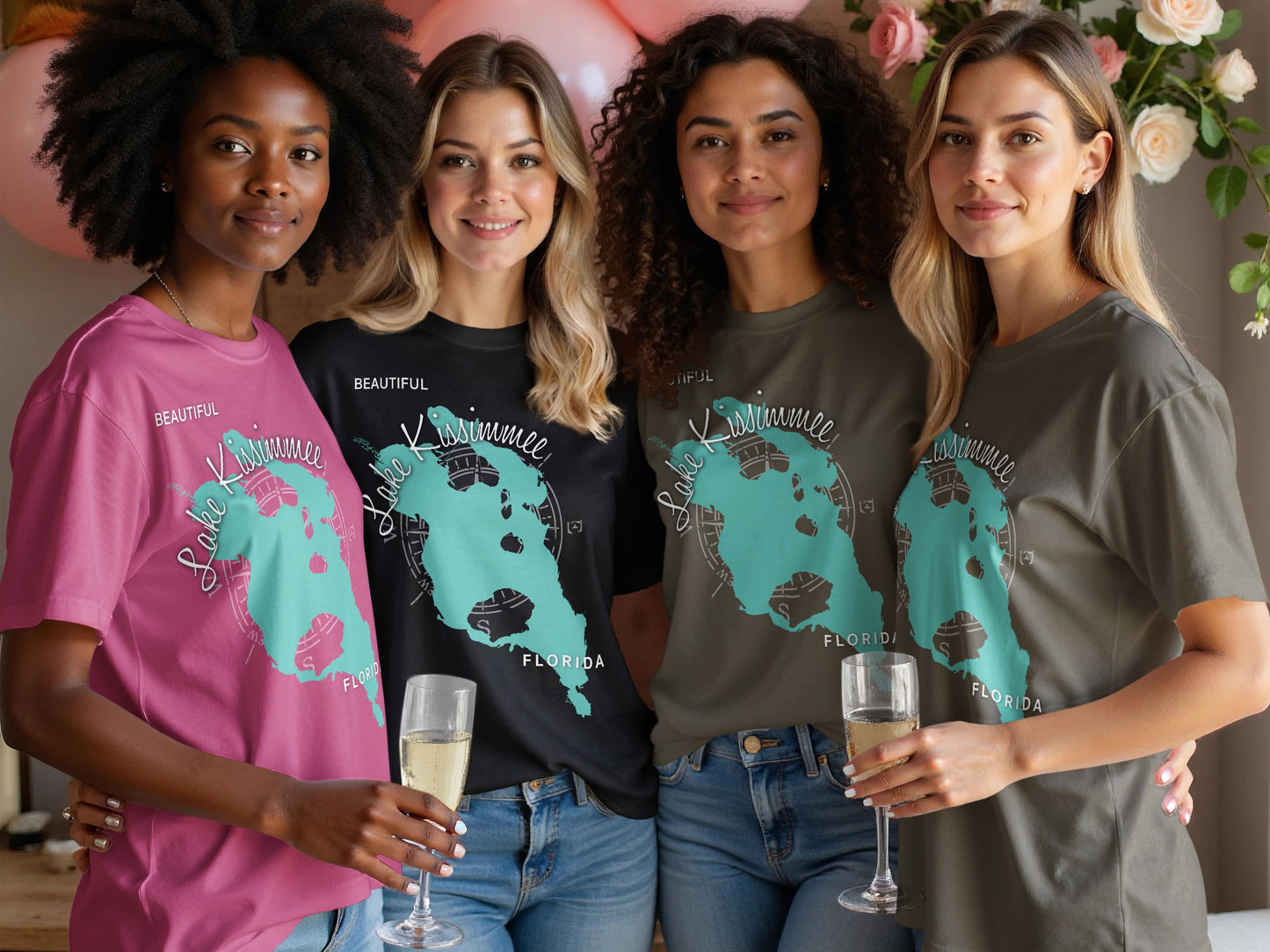 Four women in pink, black, and olive t-shirts with "Lake Kissimmee Florida" map design.