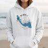 White hoodie with a blue Lake Marion map and compass graphic.