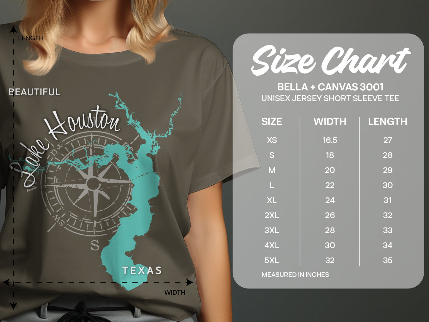 Houston skyline on a T-shirt, next to a Bella + Canvas size chart.