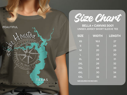 Houston skyline on a T-shirt, next to a Bella + Canvas size chart.
